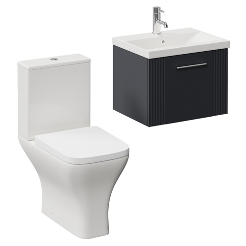 Avant Satin Anthracite 500mm Wall Mounted Single Drawer Vanity Unit and Kingston Toilet Suite with Glide Basin Left Hand View