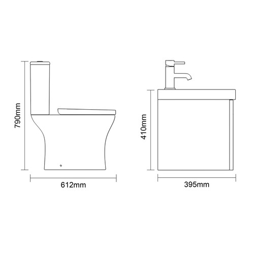 Avant Satin Grey 500mm Wall Mounted Single Drawer Vanity Unit and Kingston Toilet Suite with Glide Basin Side On Dimensions