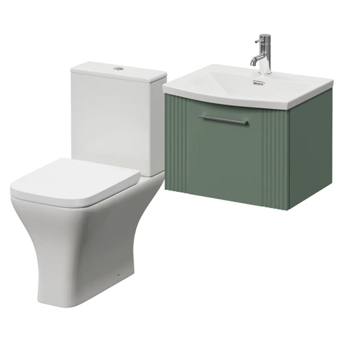 Avant Satin Green 500mm Wall Mounted Single Drawer Vanity Unit and Kingston Toilet Suite with Arc Basin Right Hand View
