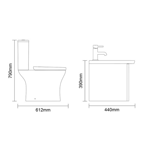 Avant Satin White 500mm Wall Mounted Single Drawer Vanity Unit and Kingston Toilet Suite with Arc Basin Side On Dimensions