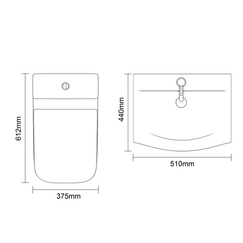 Avant Satin Anthracite 500mm Wall Mounted 2 Drawer Vanity Unit and Kingston Toilet Suite with Arc Basin Top Down Dimensions