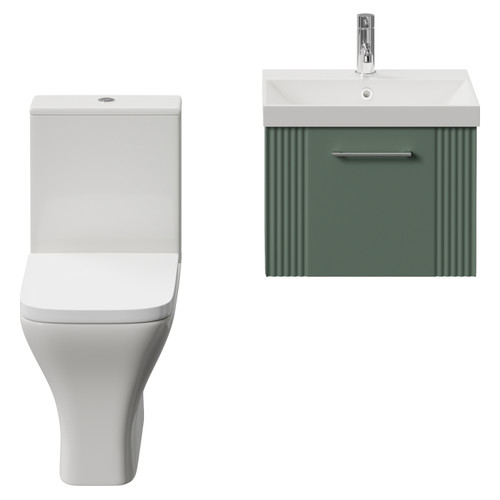 Avant Satin Green 500mm Wall Mounted Single Drawer Vanity Unit and Kingston Toilet Suite with Rimini Basin Front View