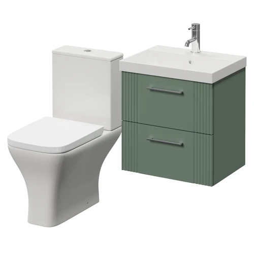 Avant Satin Green 500mm Wall Mounted 2 Drawer Vanity Unit and Kingston Toilet Suite with Rimini Basin Right Hand View