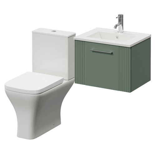 Avant Satin Green 500mm Wall Mounted Single Drawer Vanity Unit and Kingston Toilet Suite with Angel Basin Right Hand View