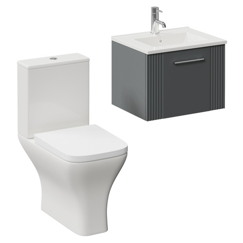 Avant Satin Grey 500mm Wall Mounted Single Drawer Vanity Unit and Kingston Toilet Suite with Angel Basin Left Hand View