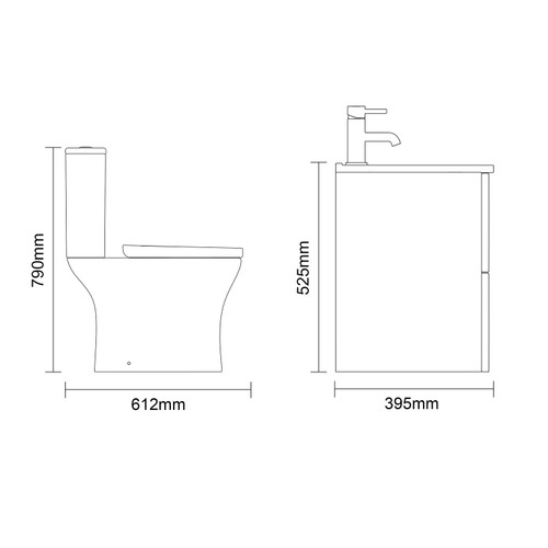Avant Satin Grey 500mm Wall Mounted 2 Drawer Vanity Unit and Kingston Toilet Suite with Angel Basin Side On Dimensions