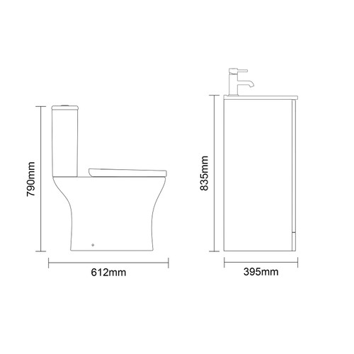 Avant Satin White 500mm 2 Door Vanity Unit and Kingston Toilet Suite with Angel Basin Side On Dimensions