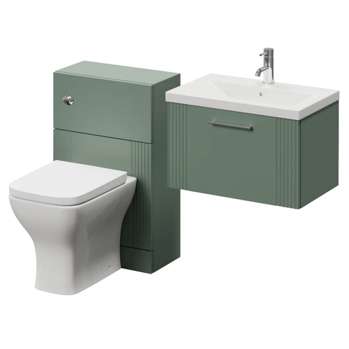 Avant Satin Green 1100mm Wall Mounted Single Drawer Vanity Unit and Toilet Suite with Glide Basin Right Hand View