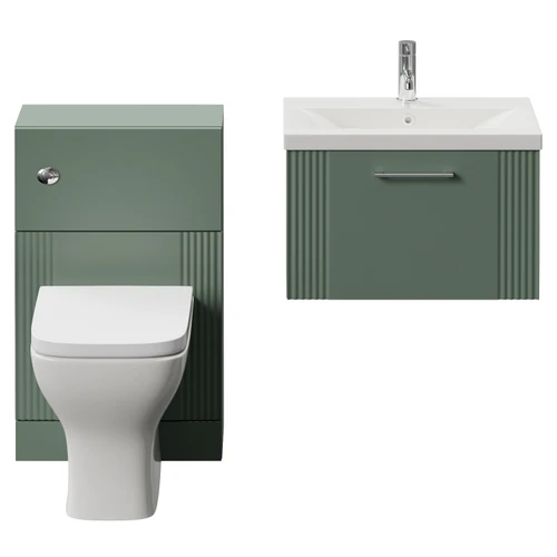 Avant Satin Green 1100mm Wall Mounted Single Drawer Vanity Unit and Toilet Suite with Glide Basin Front View