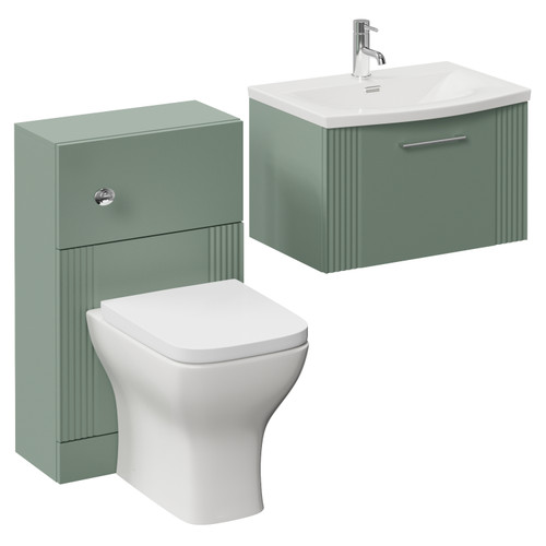 Avant Satin Green 1100mm Wall Mounted Single Drawer Vanity Unit and Toilet Suite with Arc Basin Left Hand View