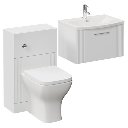 Avant Satin White 1100mm Wall Mounted Single Drawer Vanity Unit and Toilet Suite with Arc Basin Left Hand View