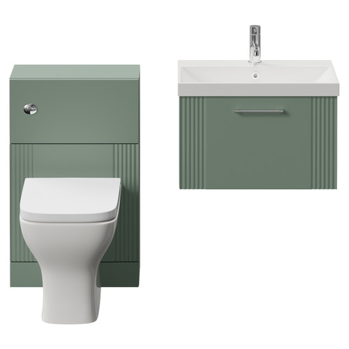 Avant Satin Green 1100mm Wall Mounted Single Drawer Vanity Unit and Toilet Suite with Rimini Basin Front View