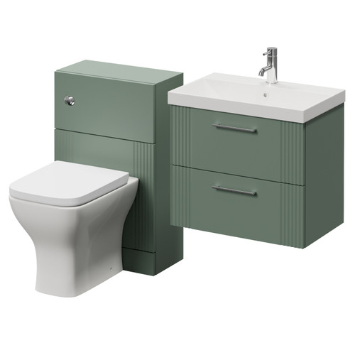 Avant Satin Green 1100mm Wall Mounted 2 Drawer Vanity Unit and Toilet Suite with Rimini Basin Right Hand View