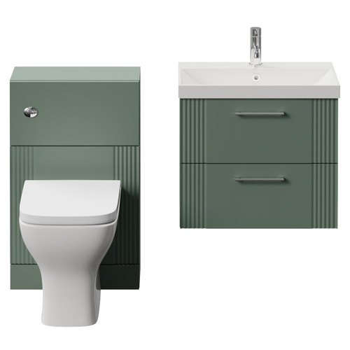 Avant Satin Green 1100mm Wall Mounted 2 Drawer Vanity Unit and Toilet Suite with Rimini Basin Front View