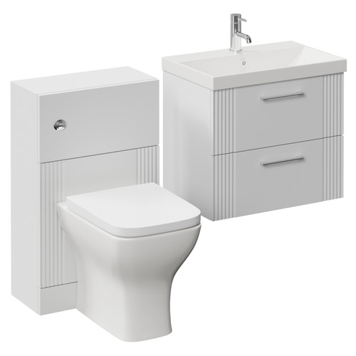 Avant Satin White 1100mm Wall Mounted 2 Drawer Vanity Unit and Toilet Suite with Rimini Basin Left Hand View