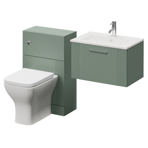 Avant Satin Green 1100mm Wall Mounted Single Drawer Vanity Unit and Toilet Suite with Angel Basin Right Hand View