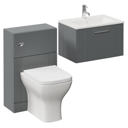 Avant Satin Grey 1100mm Wall Mounted Single Drawer Vanity Unit and Toilet Suite with Angel Basin Left Hand View