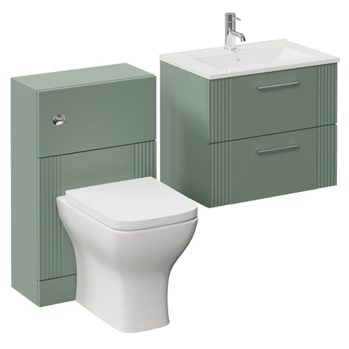 Avant Satin Green 1100mm Wall Mounted 2 Drawer Vanity Unit and Toilet Suite with Angel Basin Left Hand View