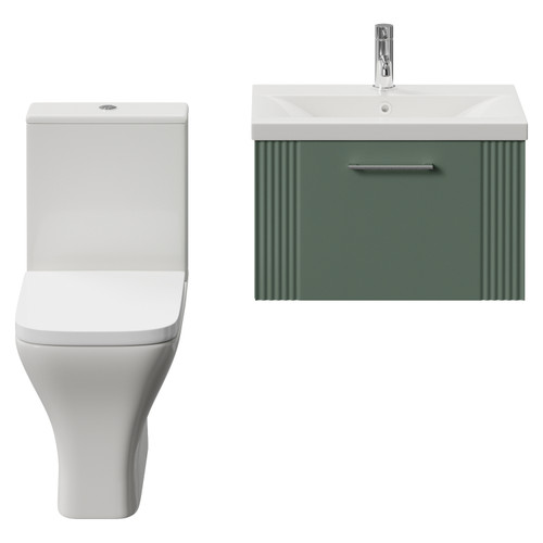 Avant Satin Green 600mm Wall Mounted Single Drawer Vanity Unit and Kingston Toilet Suite with Glide Basin Front View