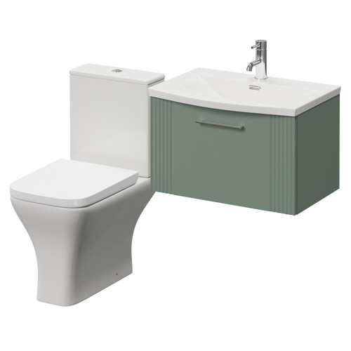 Avant Satin Green 600mm Wall Mounted Single Drawer Vanity Unit and Kingston Toilet Suite with Arc Basin Right Hand View