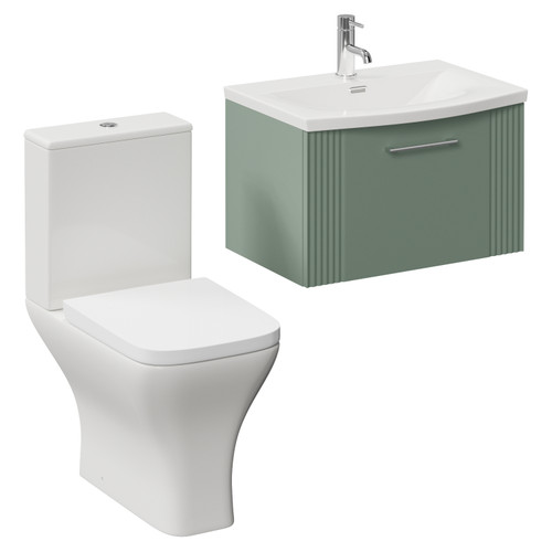 Avant Satin Green 600mm Wall Mounted Single Drawer Vanity Unit and Kingston Toilet Suite with Arc Basin Left Hand View