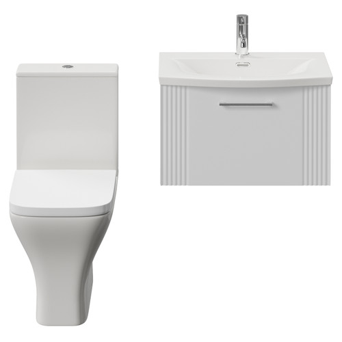 Avant Satin White 600mm Wall Mounted Single Drawer Vanity Unit and Kingston Toilet Suite with Arc Basin Front View