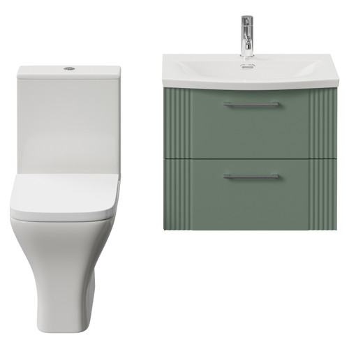 Avant Satin Green 600mm Wall Mounted 2 Drawer Vanity Unit and Kingston Toilet Suite with Arc Basin Front View