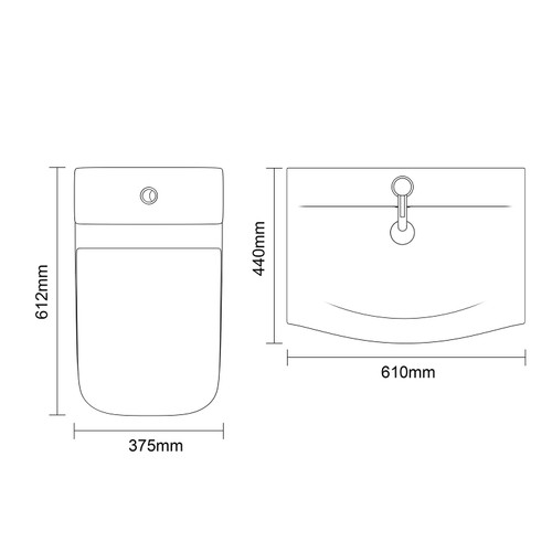 Avant Satin White 600mm Wall Mounted 2 Drawer Vanity Unit and Kingston Toilet Suite with Arc Basin Top Down Dimensions