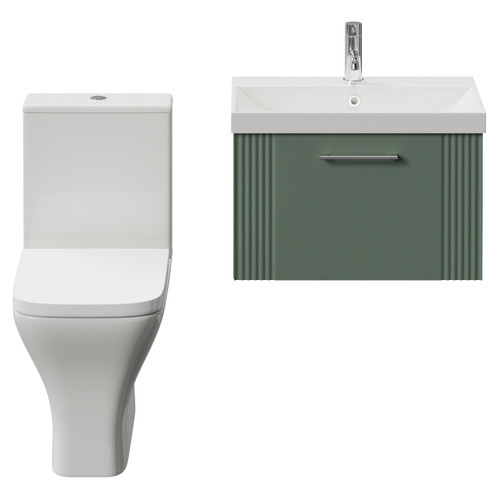 Avant Satin Green 600mm Wall Mounted Single Drawer Vanity Unit and Kingston Toilet Suite with Rimini Basin Front View