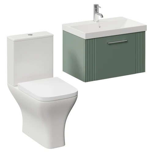 Avant Satin Green 600mm Wall Mounted Single Drawer Vanity Unit and Kingston Toilet Suite with Rimini Basin Left Hand View