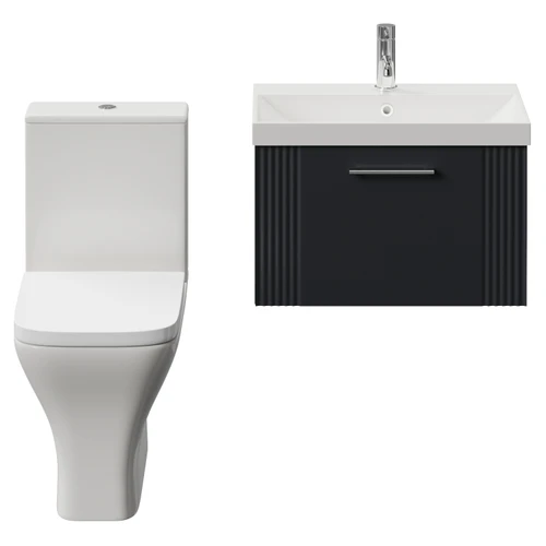 Avant Satin Anthracite 600mm Wall Mounted Single Drawer Vanity Unit and Kingston Toilet Suite with Rimini Basin Front View
