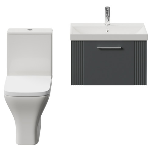 Avant Satin Grey 600mm Wall Mounted Single Drawer Vanity Unit and Kingston Toilet Suite with Rimini Basin Front View
