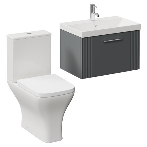 Avant Satin Grey 600mm Wall Mounted Single Drawer Vanity Unit and Kingston Toilet Suite with Rimini Basin Left Hand View