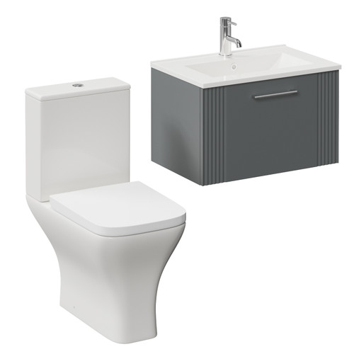 Avant Satin Grey 600mm Wall Mounted Single Drawer Vanity Unit and Kingston Toilet Suite with Angel Basin Left Hand View
