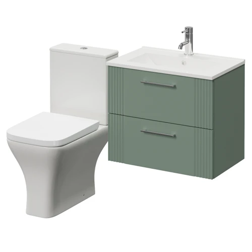 Avant Satin Green 600mm Wall Mounted 2 Drawer Vanity Unit and Toilet Suite with Angel Basin Right Hand View
