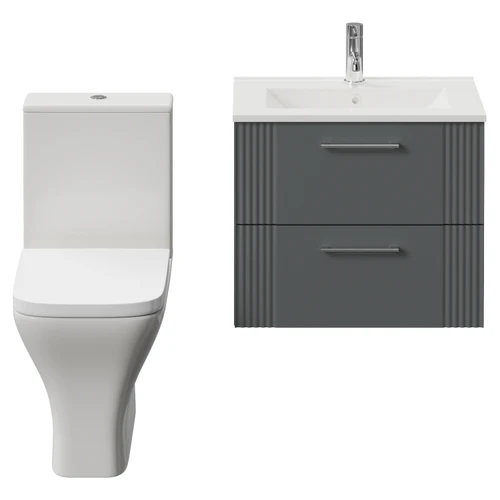 Avant Satin Grey 600mm Wall Mounted 2 Drawer Vanity Unit and Toilet Suite with Angel Basin Front View