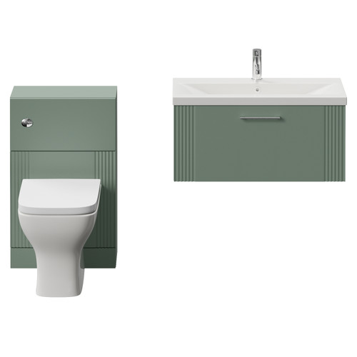Avant Satin Green 1300mm Wall Mounted Single Drawer Vanity Unit and Toilet Suite with Glide Basin Front View