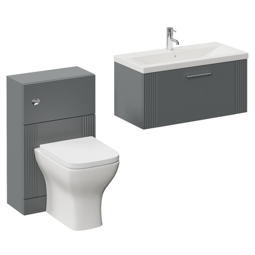 Avant Satin Grey 1300mm Wall Mounted Single Drawer Vanity Unit and Toilet Suite with Glide Basin Left Hand View