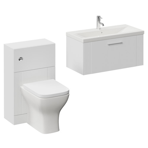 Avant Satin White 1300mm Wall Mounted Single Drawer Vanity Unit and Toilet Suite with Glide Basin Left Hand View