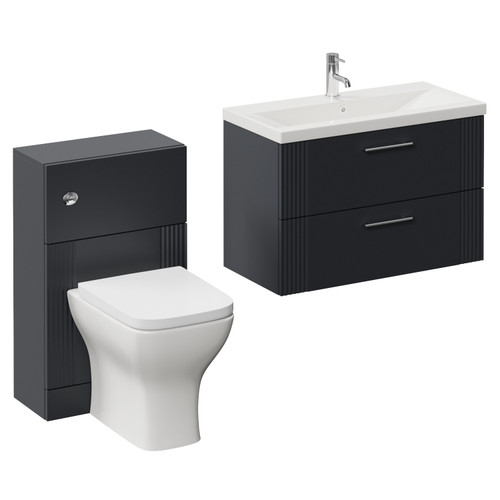 Avant Satin Anthracite 1300mm Wall Mounted 2 Drawer Vanity Unit and Toilet Suite with Glide Basin Left Hand View