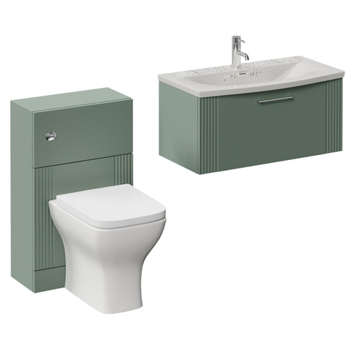 Avant Satin Green 1300mm Wall Mounted Single Drawer Vanity Unit and Toilet Suite with Arc Basin Left Hand View