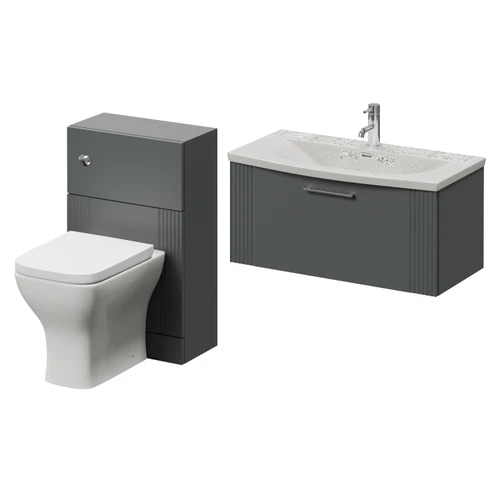 Avant Satin Grey 1300mm Wall Mounted Single Drawer Vanity Unit and Toilet Suite with Arc Basin Right Hand View