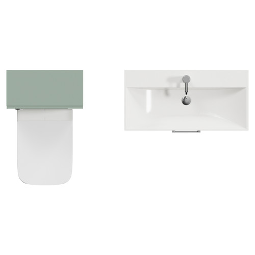 Avant Satin Green 1300mm Wall Mounted 2 Drawer Vanity Unit and Toilet Suite with Rimini Basin Top View