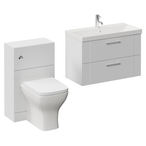 Avant Satin White 1300mm Wall Mounted 2 Drawer Vanity Unit and Toilet Suite with Rimini Basin Left Hand View