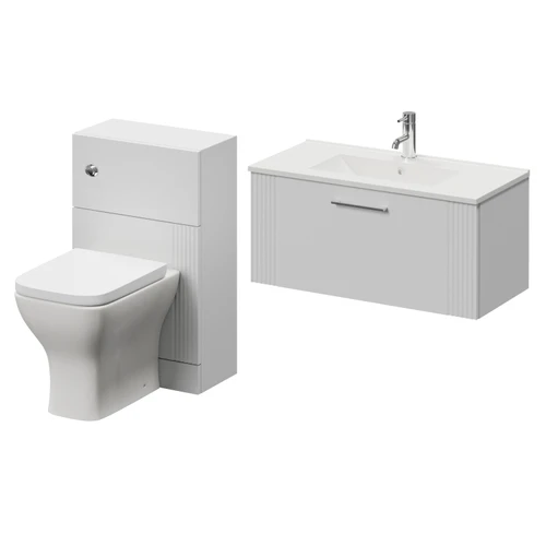 Avant Satin White 1300mm Wall Mounted Single Drawer Vanity Unit and Toilet Suite with Angel Basin Right Hand View