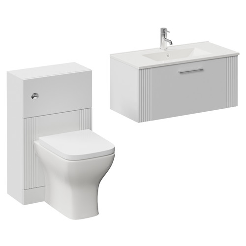 Avant Satin White 1300mm Wall Mounted Single Drawer Vanity Unit and Toilet Suite with Angel Basin Left Hand View