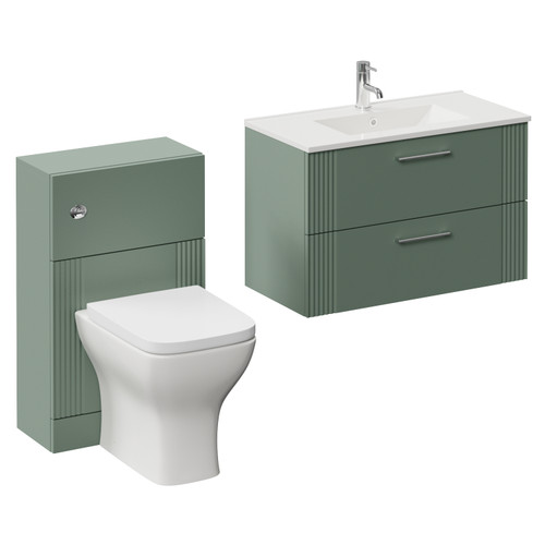 Avant Satin Green 1300mm Wall Mounted 2 Drawer Vanity Unit and Toilet Suite with Angel Basin Left Hand View