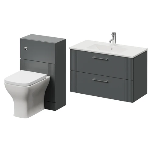 Avant Satin Grey 1300mm Wall Mounted 2 Drawer Vanity Unit and Toilet Suite with Angel Basin Right Hand View