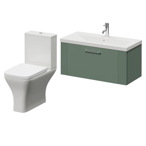 Avant Satin Green 800mm Wall Mounted Single Drawer Vanity Unit and Kingston Toilet Suite with Glide Basin Right Hand View