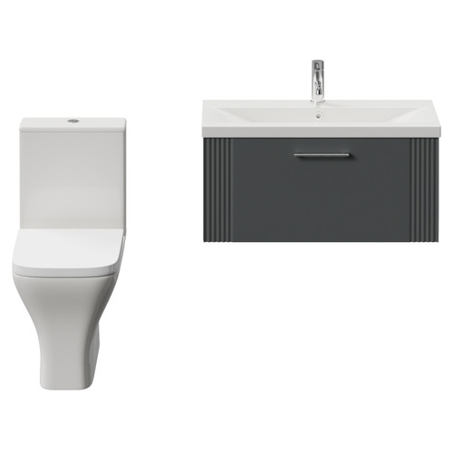Avant Satin Grey 800mm Wall Mounted Single Drawer Vanity Unit and Kingston Toilet Suite with Glide Basin Front View